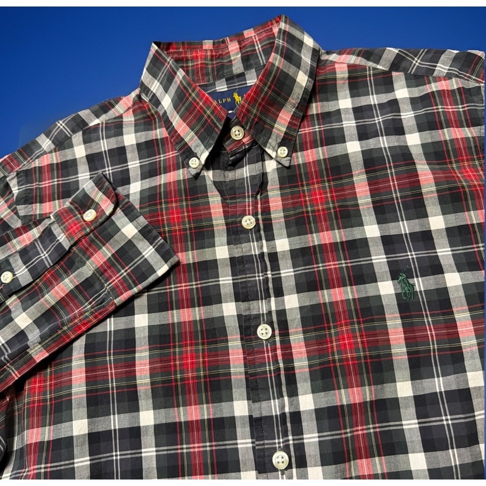 Polo Ralph Lauren Shirt Mens Medium Slim Fit Red Black Plaid Button Down Casual